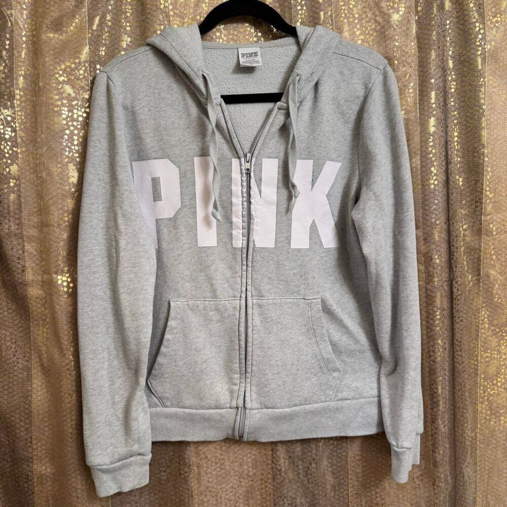PINK Victorias Secret Heather Gray White Logo Zip Hoodie Medium Flawed